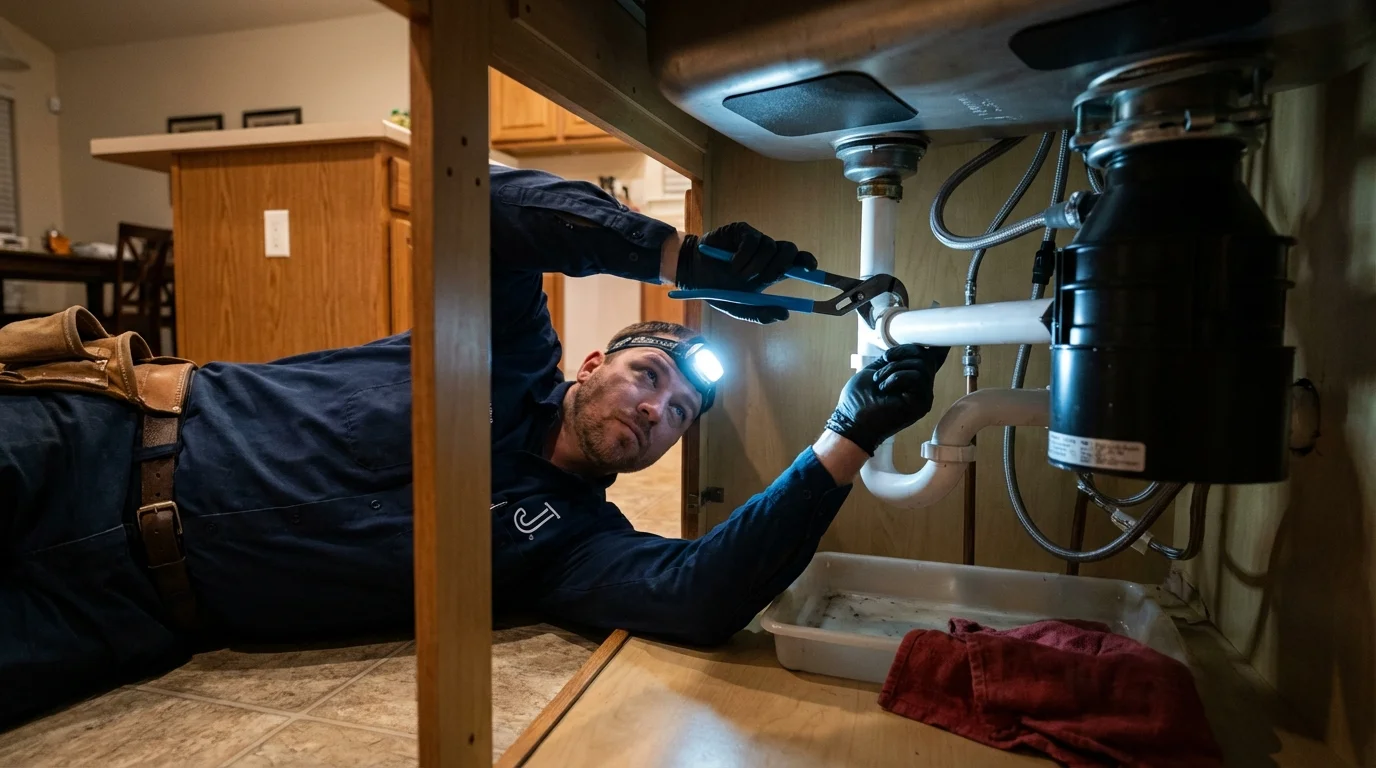 P-trap and supply line connections under a kitchen sink showing a common leak point in Crescent City, FL